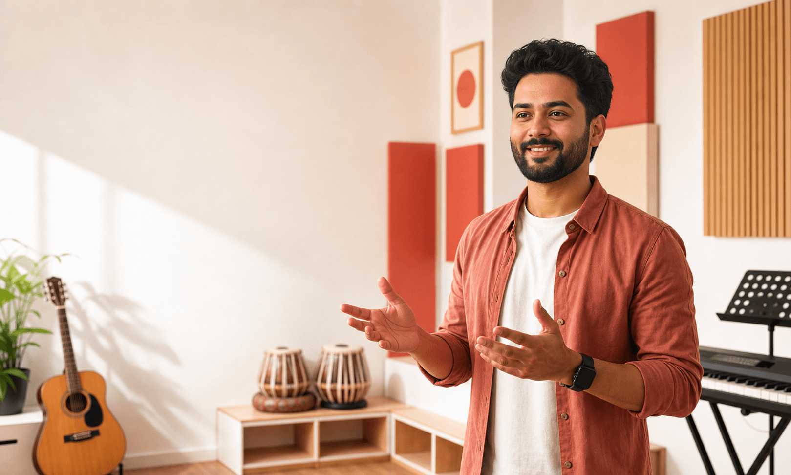 Music teacher mentoring students in a warm studio
